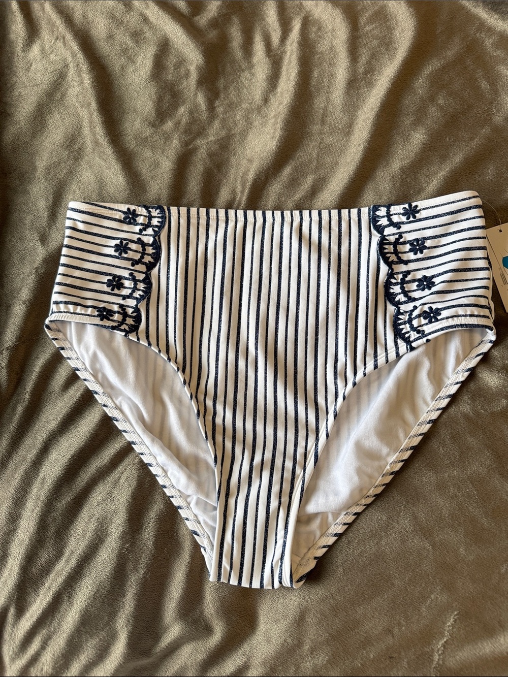 Time and Tru White and Navy Striped High Waist Swim Bottoms